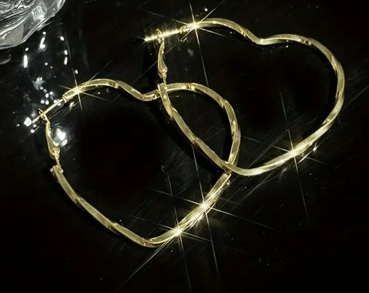 Large Hammered Metal Hollow Heart Shaped Gold Plated Hoop Earrings