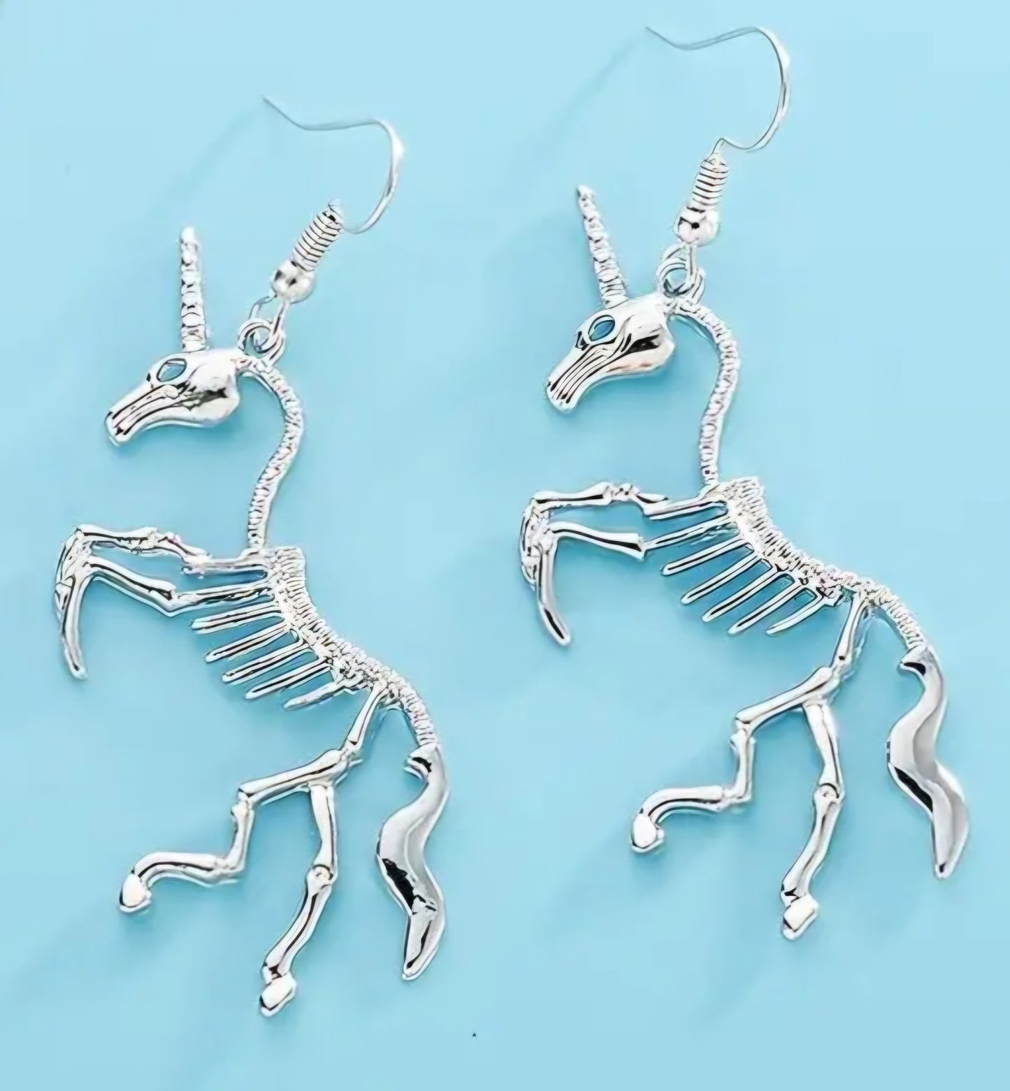 Halloween Punk Gothic Unicorn Skeleton Silver Plated Drop Dangle Earrings