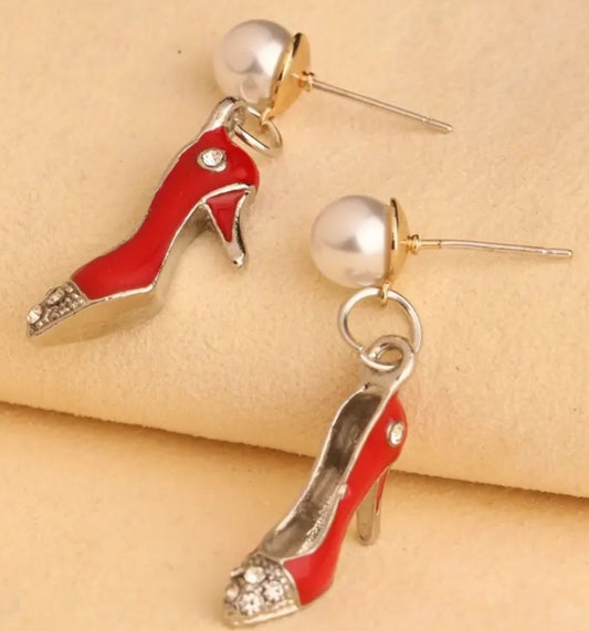 Enamel Painted Rhinestone Inlay Red High Heel Shoes With Pearl Accent Drop Dangle Earrings