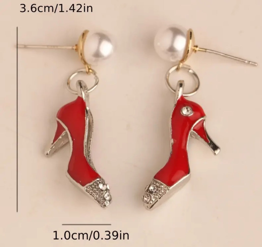 Enamel Painted Rhinestone Inlay Red High Heel Shoes With Pearl Accent Drop Dangle Earrings