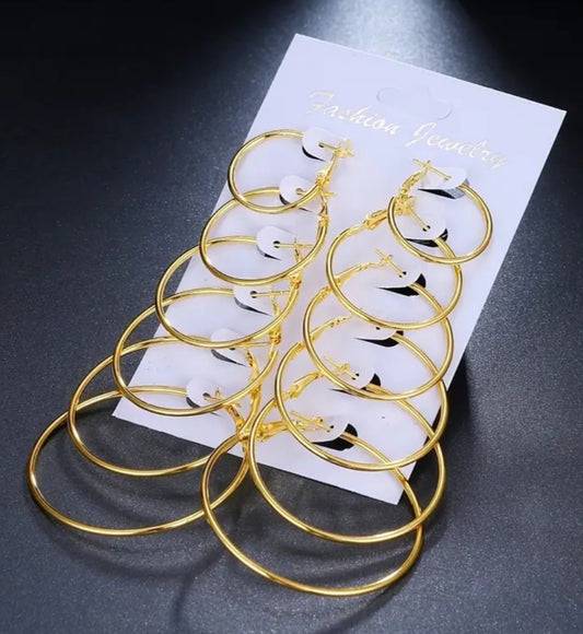 Graduating Sizes Gold Plated Hoop Earrings 6 Pairs