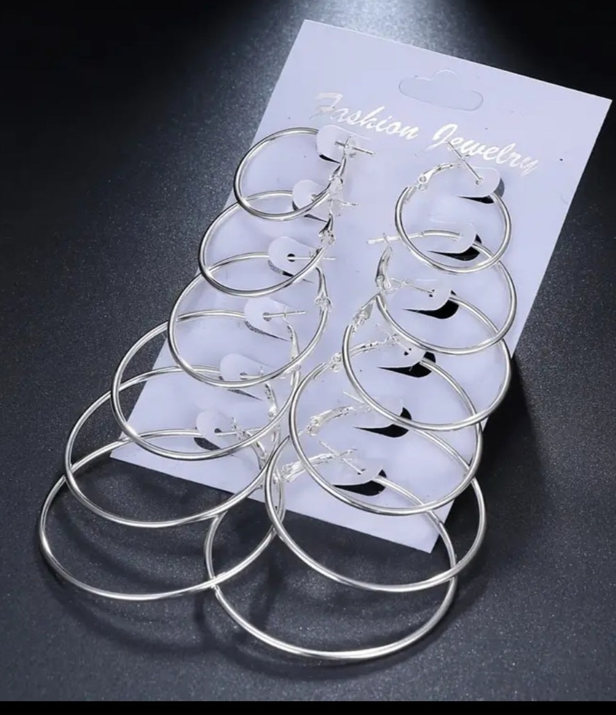 Graduating Sizes Silver Plated Hoop Earrings 6 Pairs