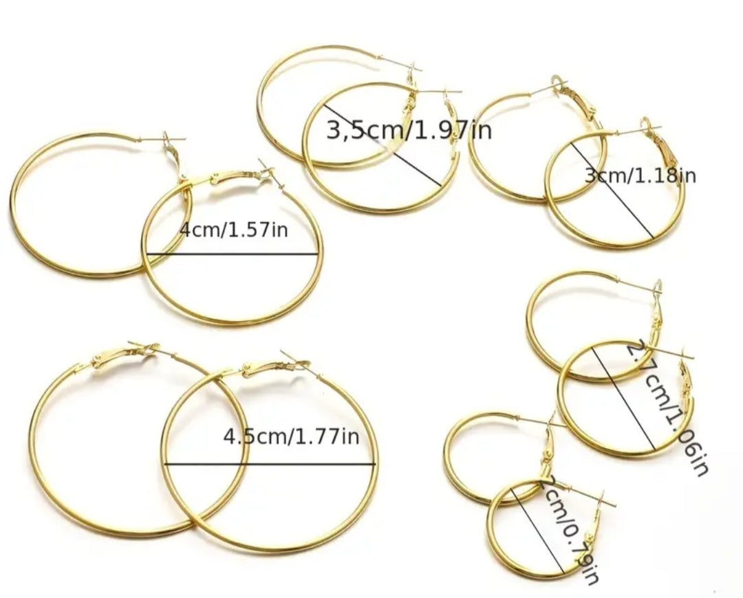 Graduating Sizes Gold Plated Hoop Earrings 6 Pairs