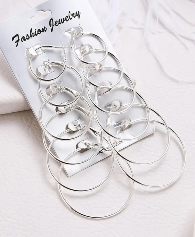 Graduating Sizes Silver Plated Hoop Earrings 6 Pairs