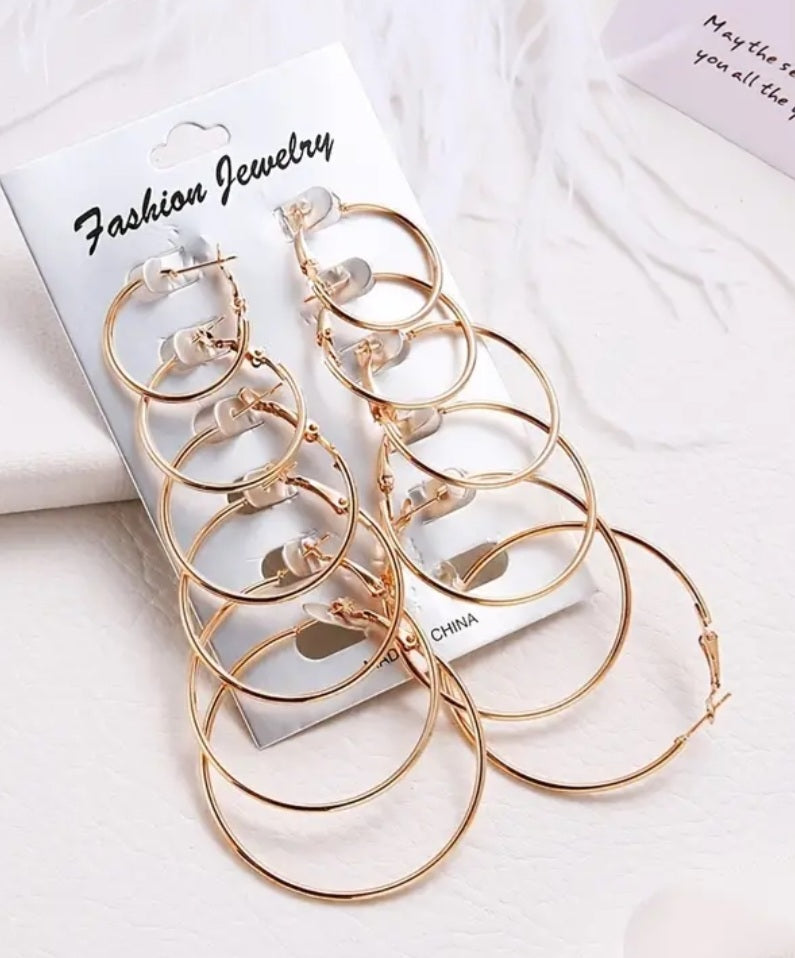 Graduating Sizes Gold Plated Hoop Earrings 6 Pairs