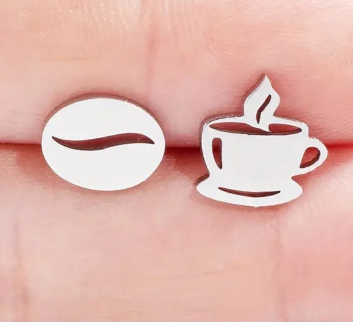 Adorable Coffee Bean Coffee Cup Stainless Steel Small Teeny Stud Earrings