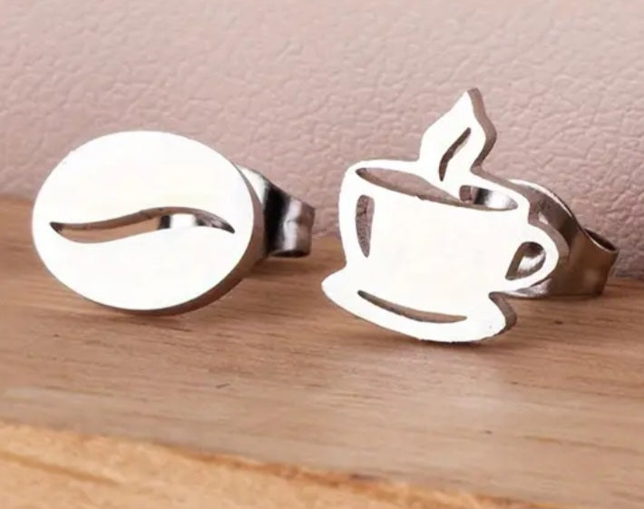 Adorable Coffee Bean Coffee Cup Stainless Steel Small Teeny Stud Earrings