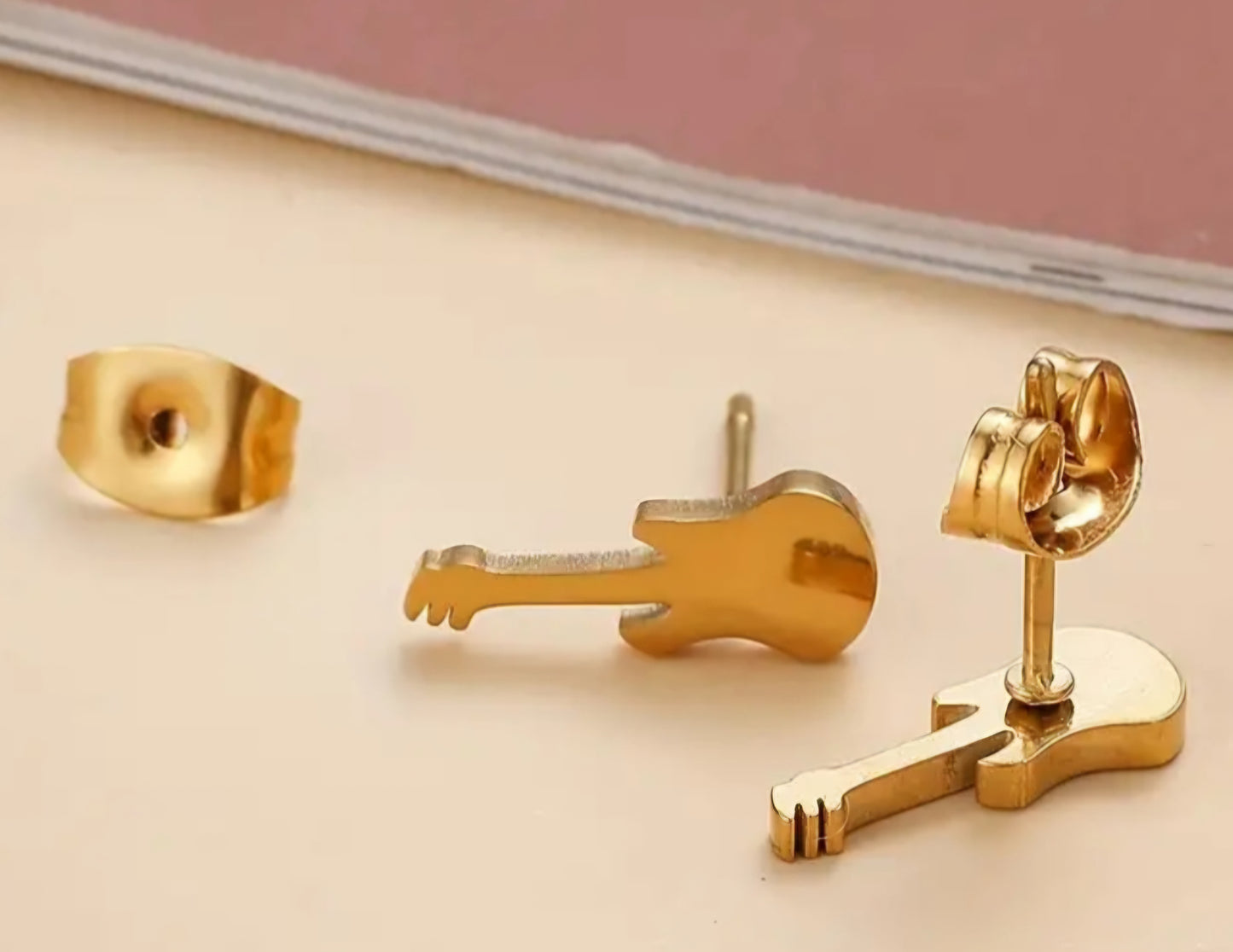 Adorable Guitar Gold Plated Stainless Steel Small Teeny Stud Earrings