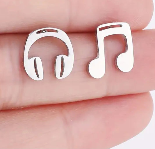 Adorable Headphones Music Note Silver Plated Stainless Steel Small Teeny Stud Earrings