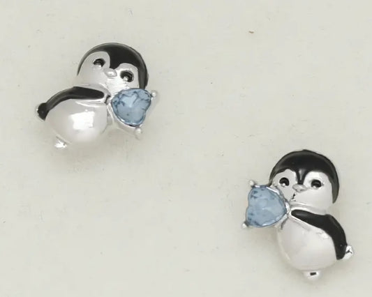 Adorable Enamel Rhinestone Heart Penguin Small Teeny Stud Earrings