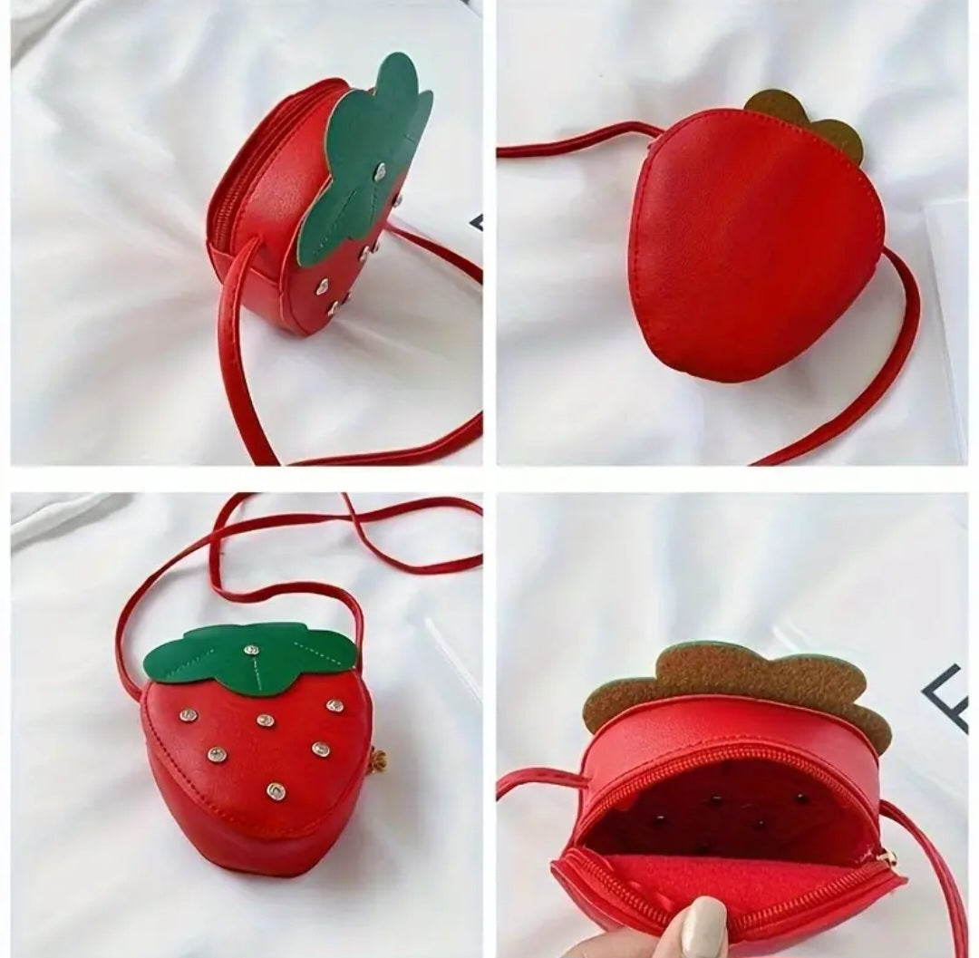 Kawaii Children's Cute Red Starwberry Rhinedtone Accent Small PU Vegan Faux Leather Coin Purse Shoulder Bag With Strap