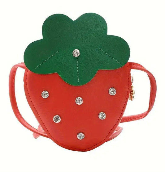 Kawaii Children's Cute Red Starwberry Rhinedtone Accent Small PU Vegan Faux Leather Coin Purse Shoulder Bag With Strap