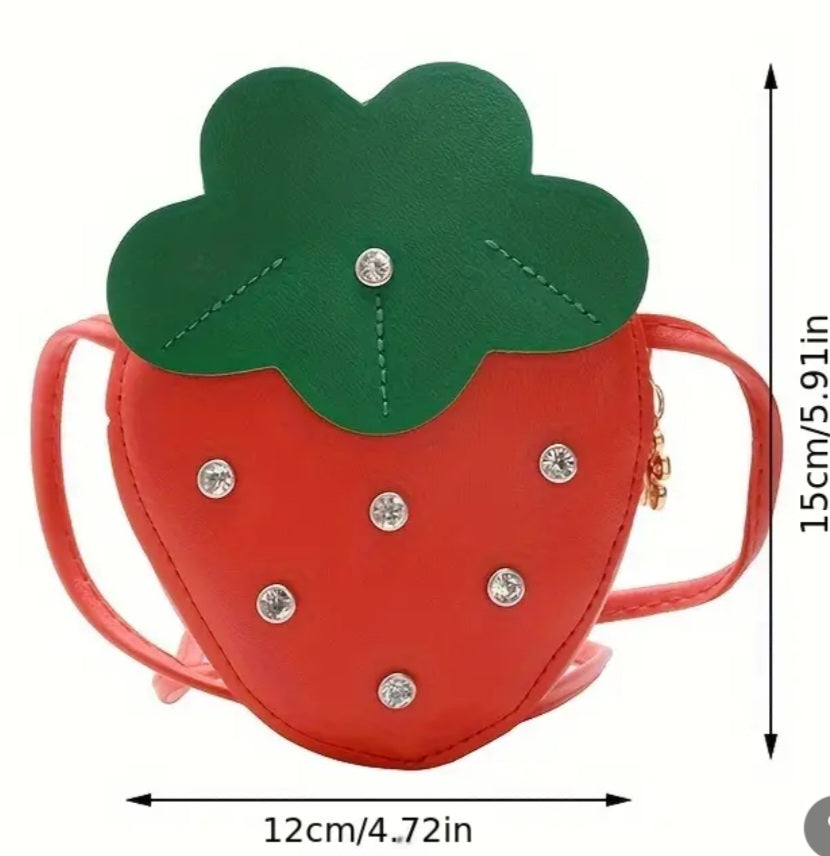 Kawaii Children's Cute Red Starwberry Rhinedtone Accent Small PU Vegan Faux Leather Coin Purse Shoulder Bag With Strap