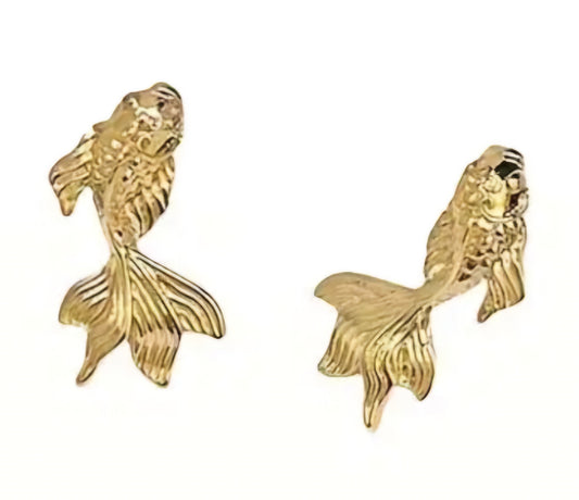 Adorable Gold Plated Koi Fush Chinese Good Luck Fortune Small Teeny Stud Earrings