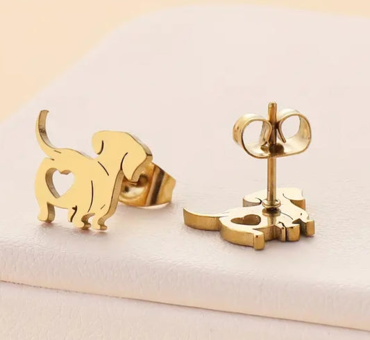 Adorable Dog Puppy Heart Design Gold Plated Stainless Steel Small Teeny Stud Earrings