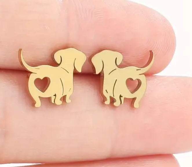 Adorable Dog Puppy Heart Design Gold Plated Stainless Steel Small Teeny Stud Earrings