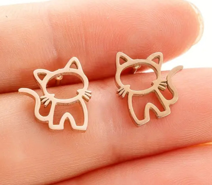 Adorable Cat Kitten Gold Plated Stainless Steel Small Teeny Stud Earrings