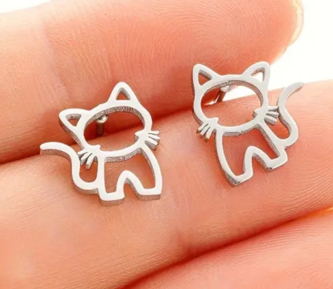 Adorable Cat Kitten Silver Plated Stainless Steel Small Teeny Stud Earrings