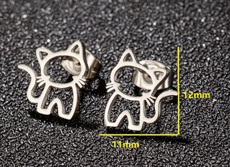 Adorable Cat Kitten Silver Plated Stainless Steel Small Teeny Stud Earrings