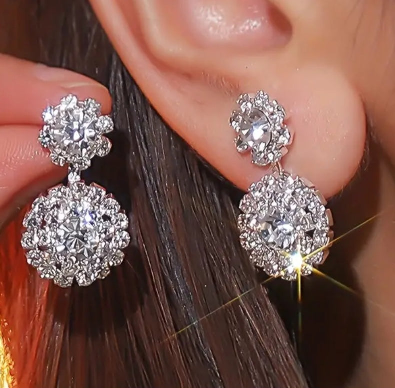 Double Flower Design Rhinestone Silver Plated Drop Dangle Earrings