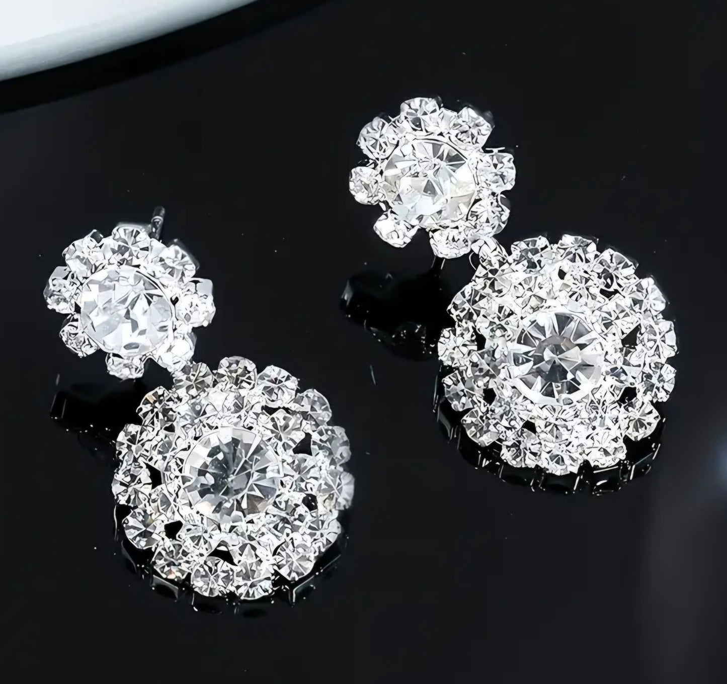 Double Flower Design Rhinestone Silver Plated Drop Dangle Earrings