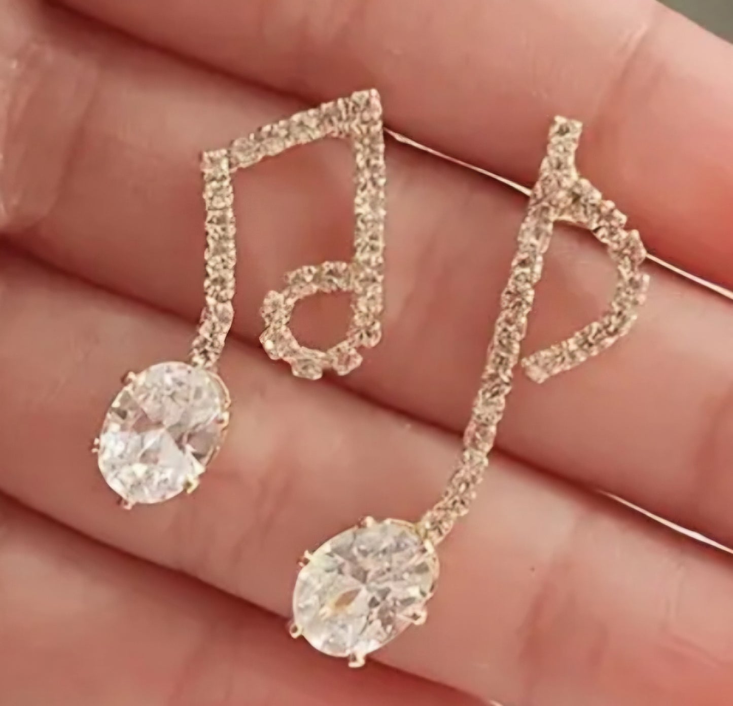 Fancy Music Note Rhinestone Inlay Gold Plated Large Stud Dangle Earrings