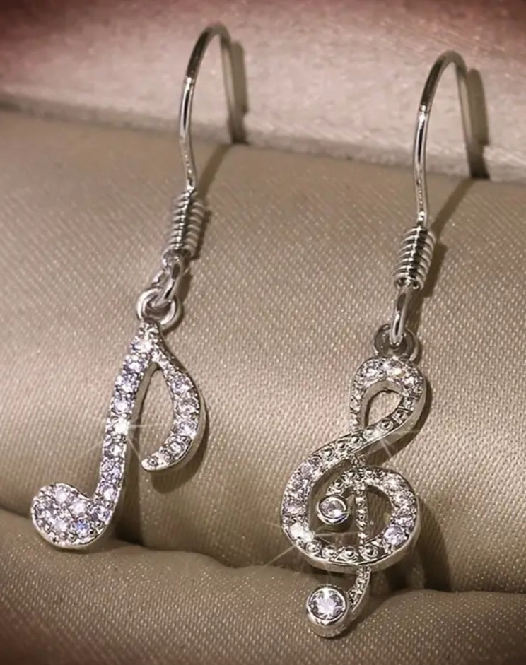 Funky Silver Plated Rhinestone Inlay Music Note Treble Clef Drop Dangle Earrings