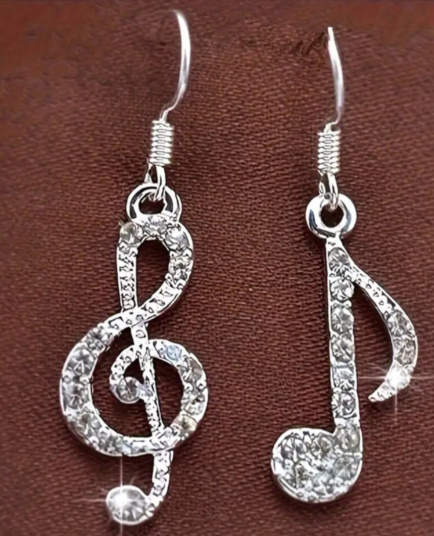 Funky Silver Plated Rhinestone Inlay Music Note Treble Clef Drop Dangle Earrings