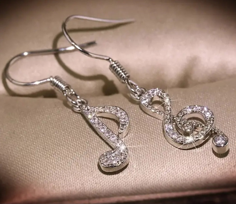 Funky Silver Plated Rhinestone Inlay Music Note Treble Clef Drop Dangle Earrings