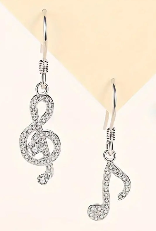 Funky Silver Plated Rhinestone Inlay Music Note Treble Clef Drop Dangle Earrings