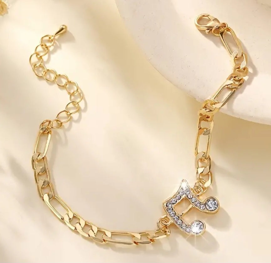 Music Note Gold Plated Rhinestone Inlay Chain Style Bracelet With Extender