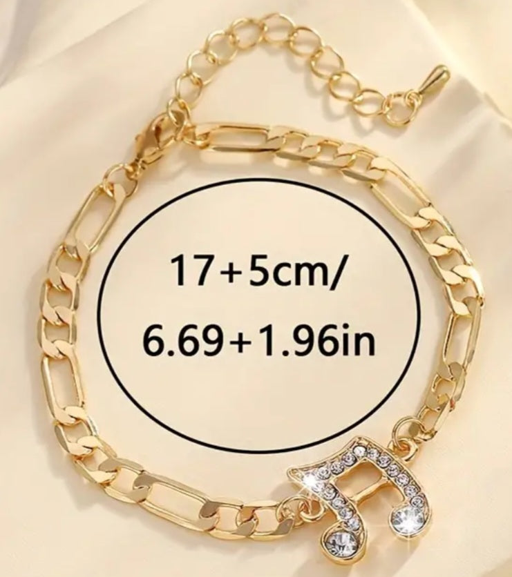 Music Note Gold Plated Rhinestone Inlay Chain Style Bracelet With Extender