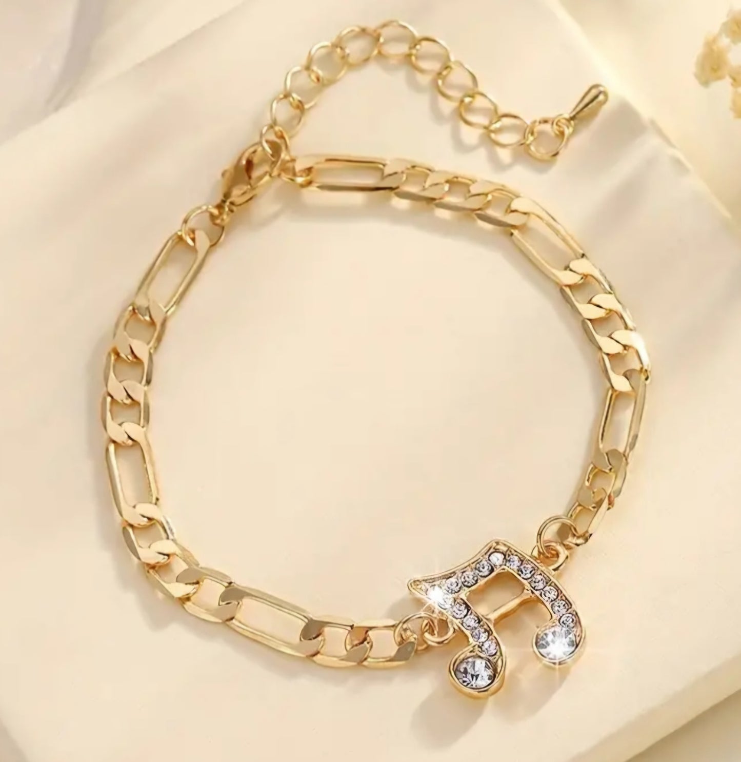 Music Note Gold Plated Rhinestone Inlay Chain Style Bracelet With Extender