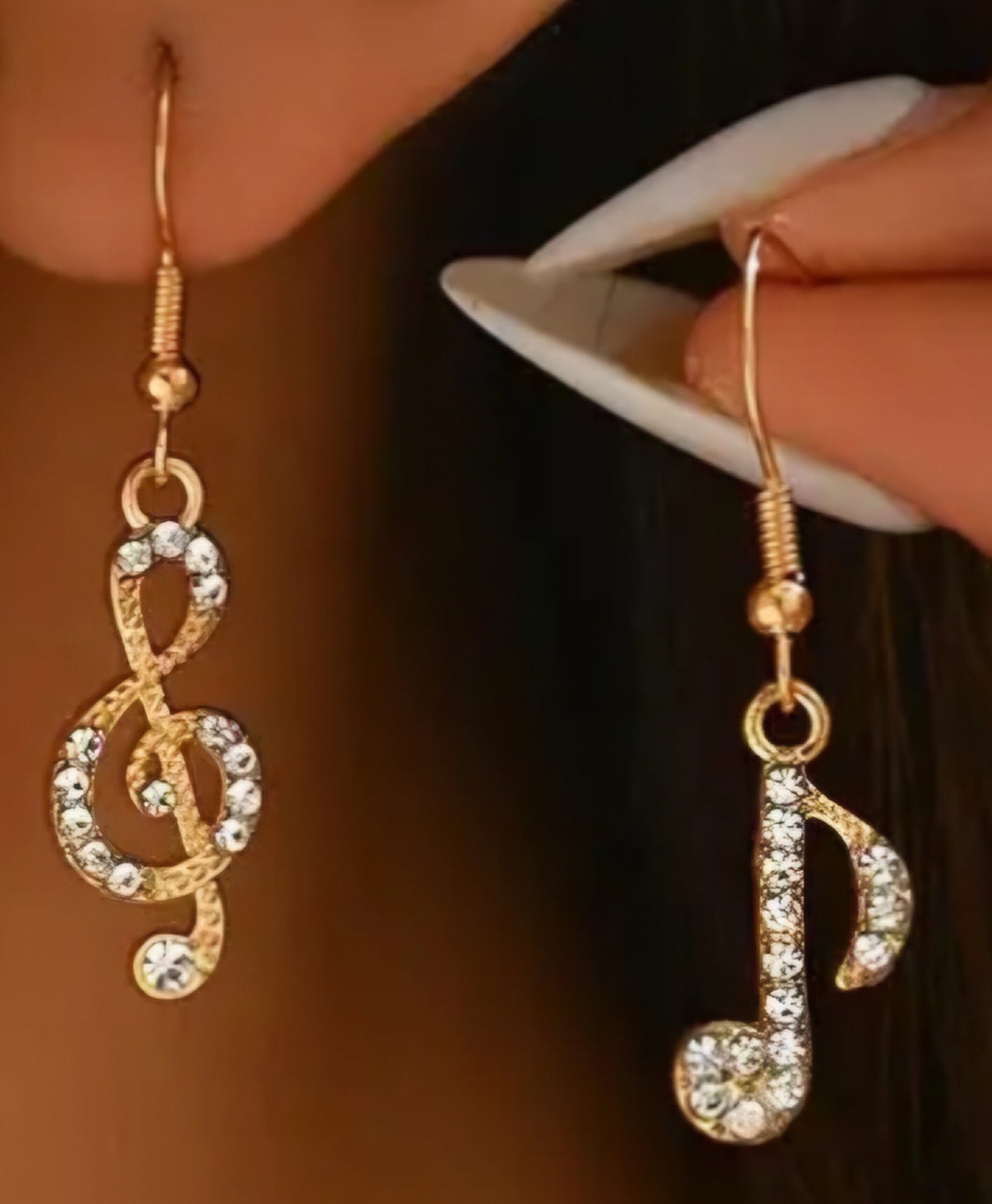 Funky Gold Plated Rhinestone Inlay Music Note Treble Clef Drop Dangle Earrings