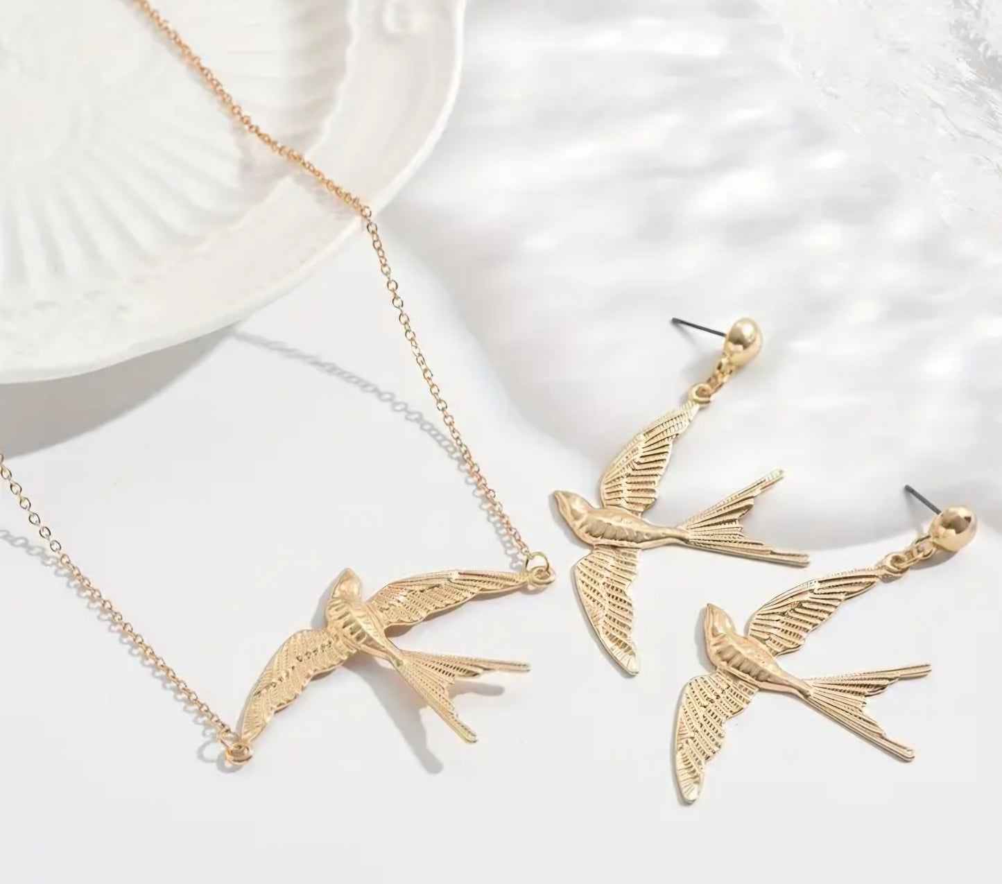 Gold Plated Ornate Swallow Bird Design Earrings Necklace Set