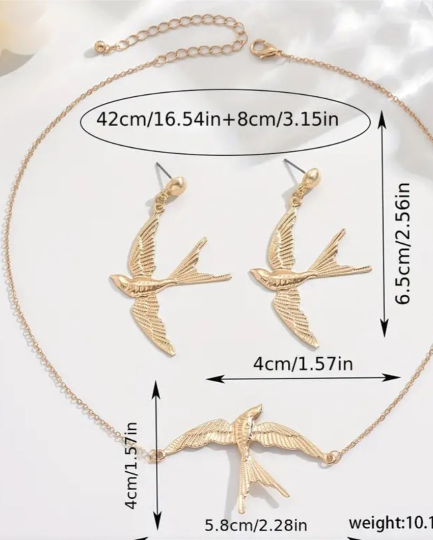 Gold Plated Ornate Swallow Bird Design Earrings Necklace Set