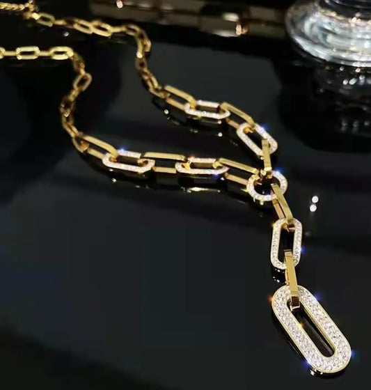 Bling Chain Link Design Gold Plated Rhinestone Inlay Lightweight Necklace