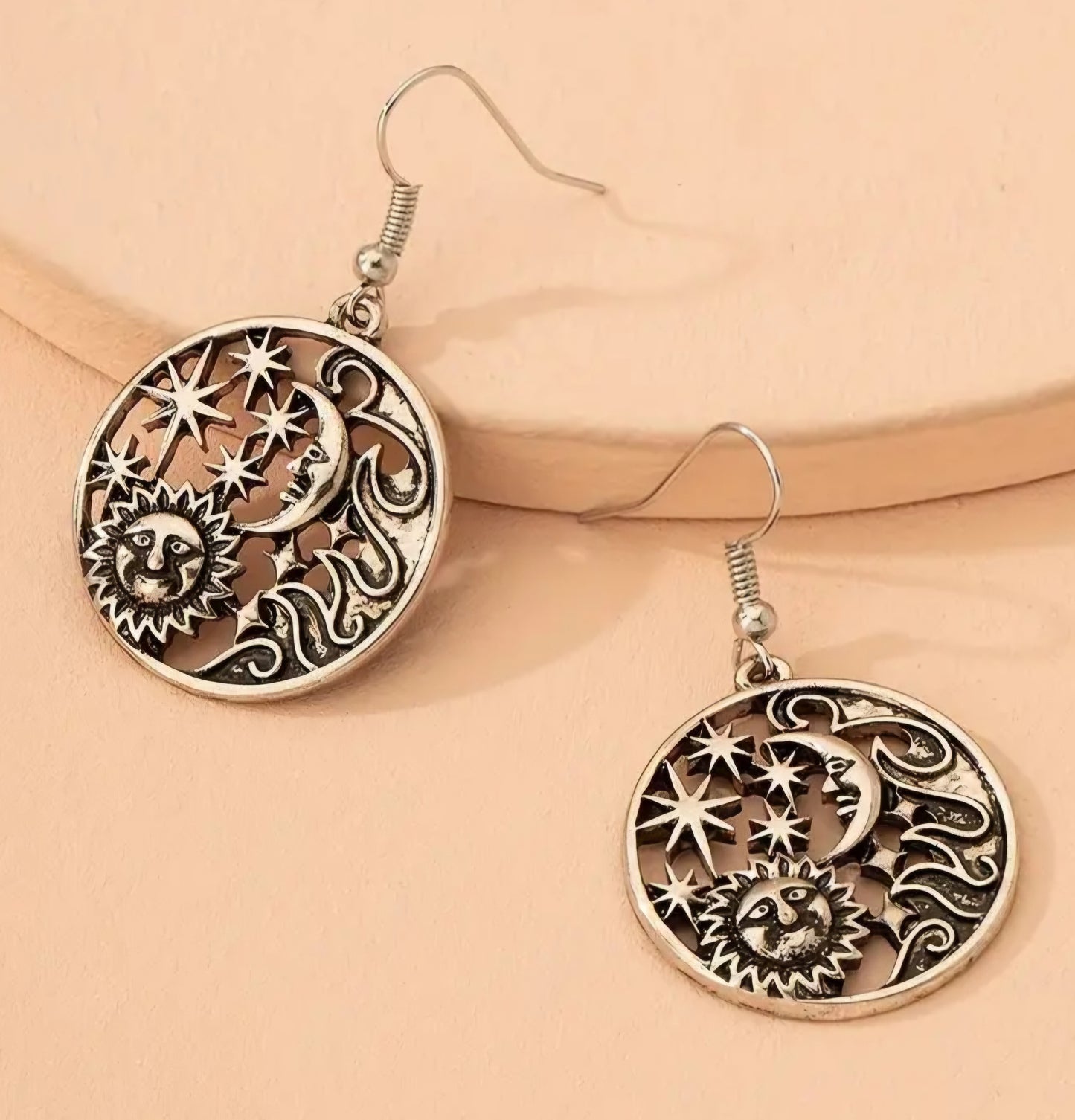 Antique Silver Tone Sun Moon Stars Design Circle Round Metal Dangle Earrings