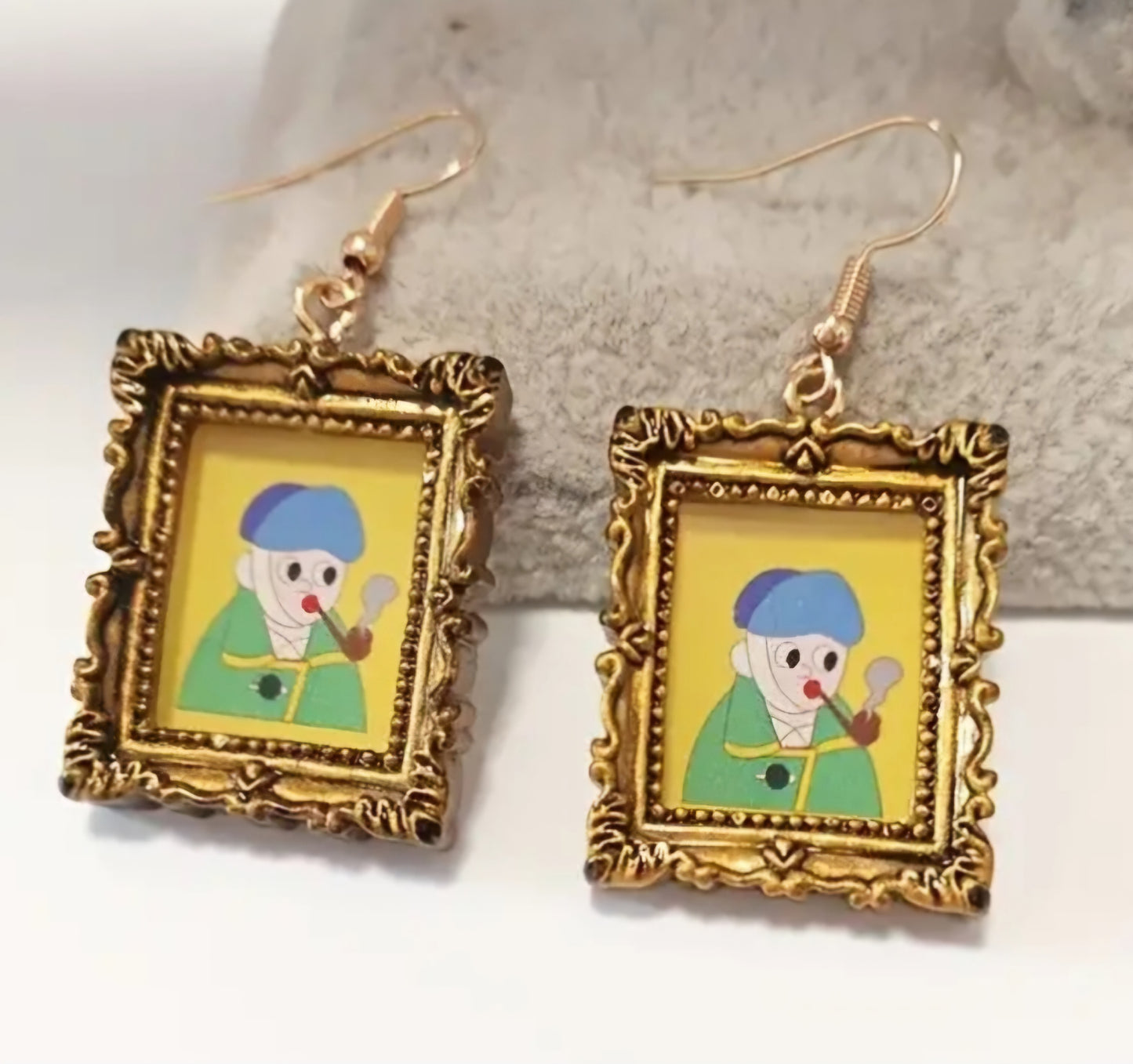 Antique Art Gallery Cartoon Creative Fun Old Man With Pipe Painting Design Resin Drop Dangle Earrings