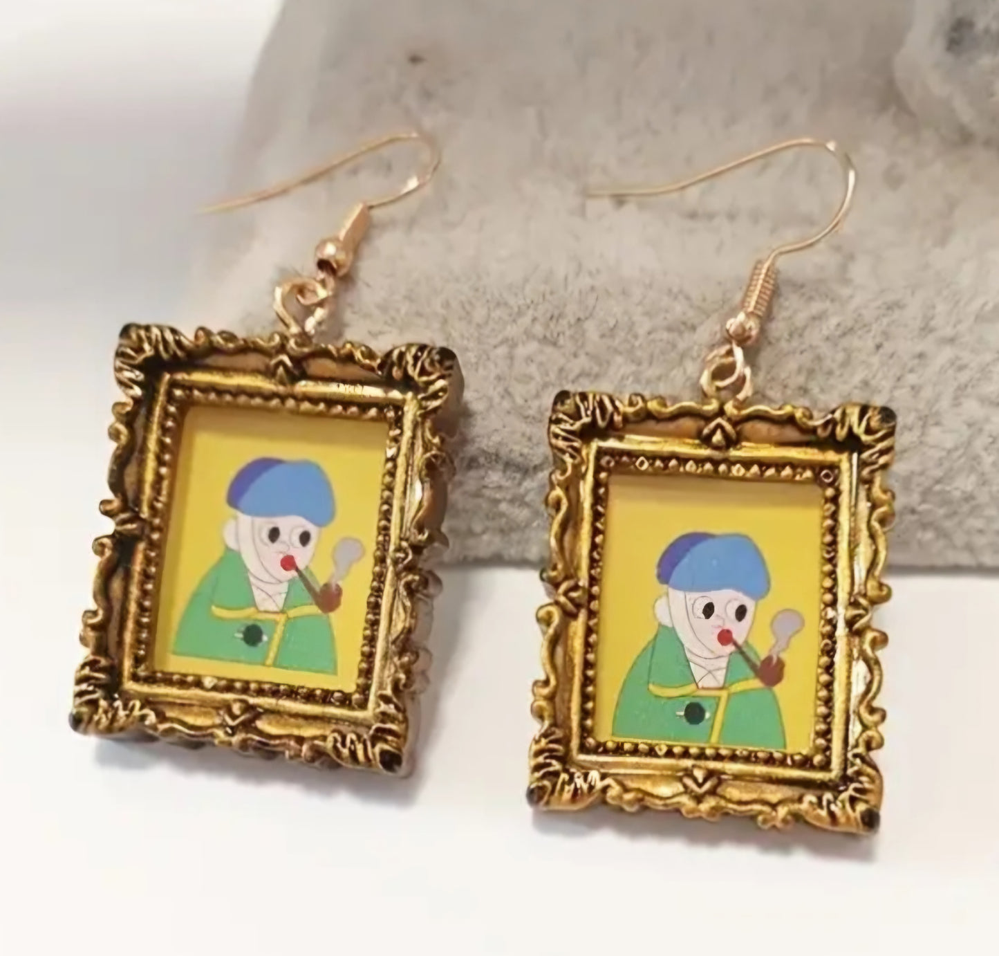 Antique Art Gallery Cartoon Creative Fun Old Man With Pipe Painting Design Resin Drop Dangle Earrings