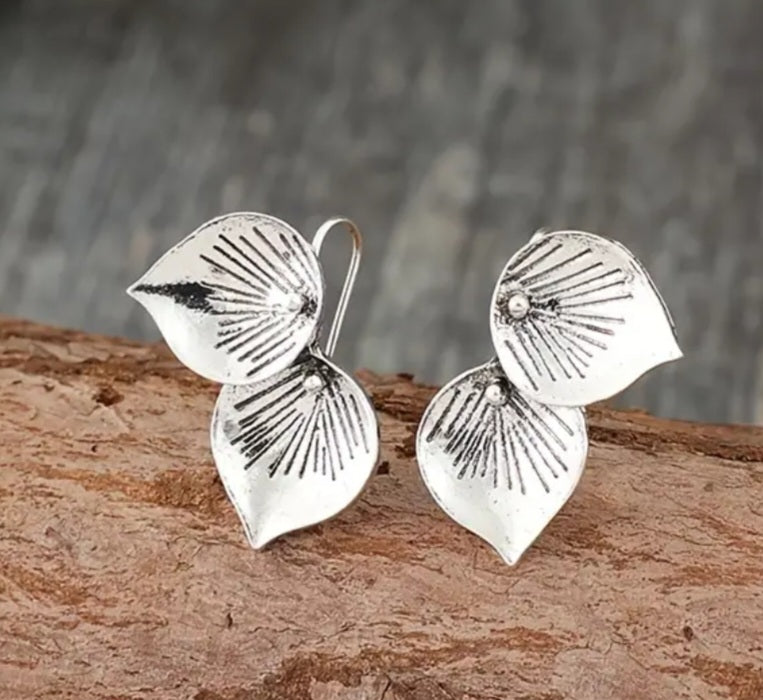 Double Leaf Petal Ornate Silver Plated Small Drop Earrings