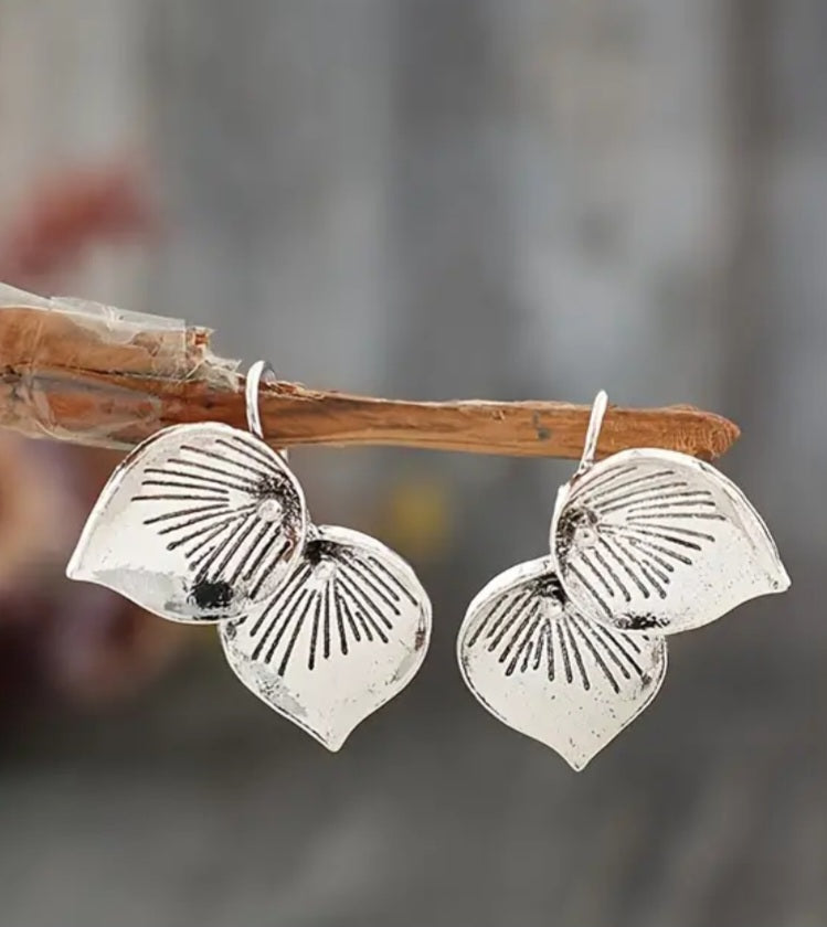 Double Leaf Petal Ornate Silver Plated Small Drop Earrings