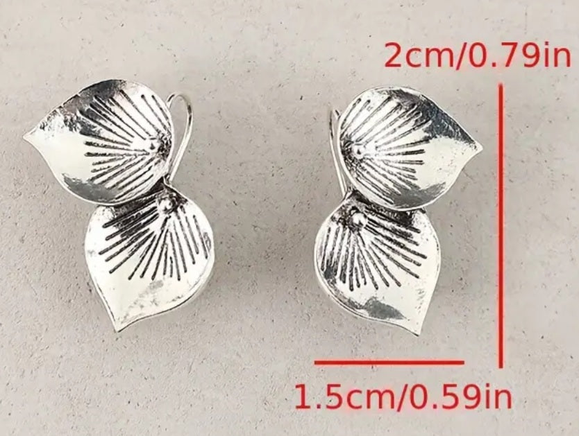 Double Leaf Petal Ornate Silver Plated Small Drop Earrings