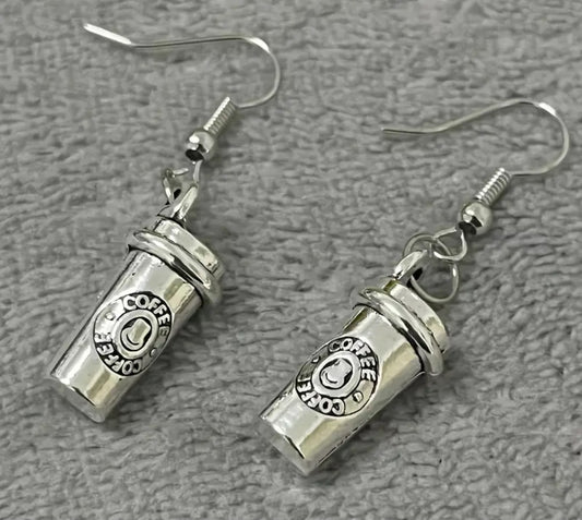 Take-Away Coffee Cup Starbucks Inspired Design Silver Plated Metal Drop Earrings