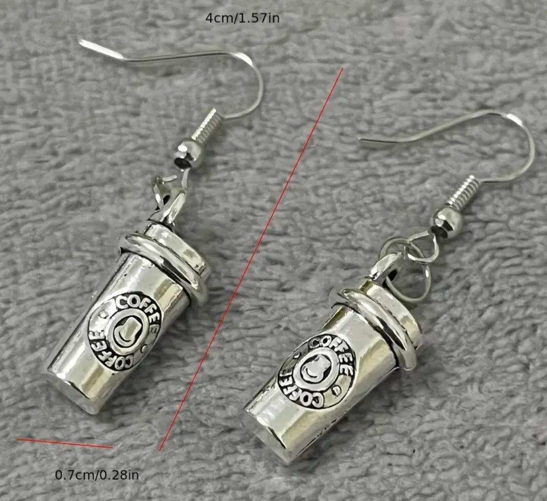 Take-Away Coffee Cup Starbucks Inspired Design Silver Plated Metal Drop Earrings