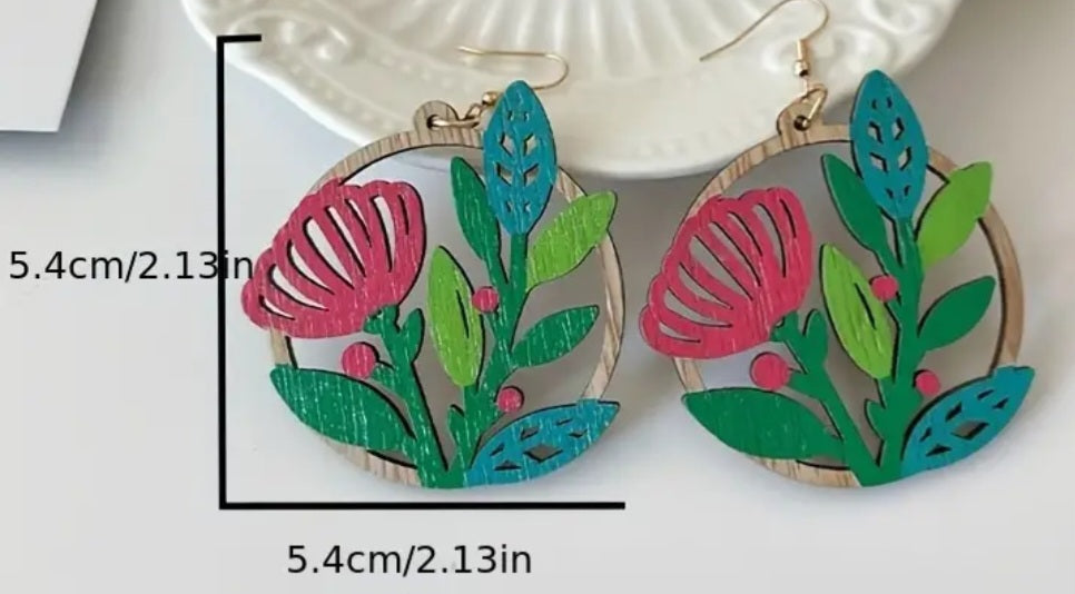 Beautiful Native Flower Design Wood Round Dangle Drop Earrings