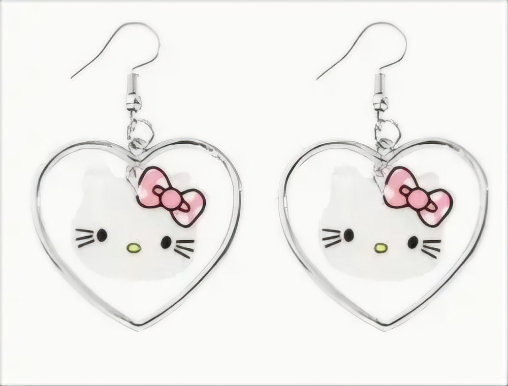 Hello Kitty Inspired Kawaii Silver Plated Hollow Heart Acrylic Kitty Head Dangle Design Drop Earrings