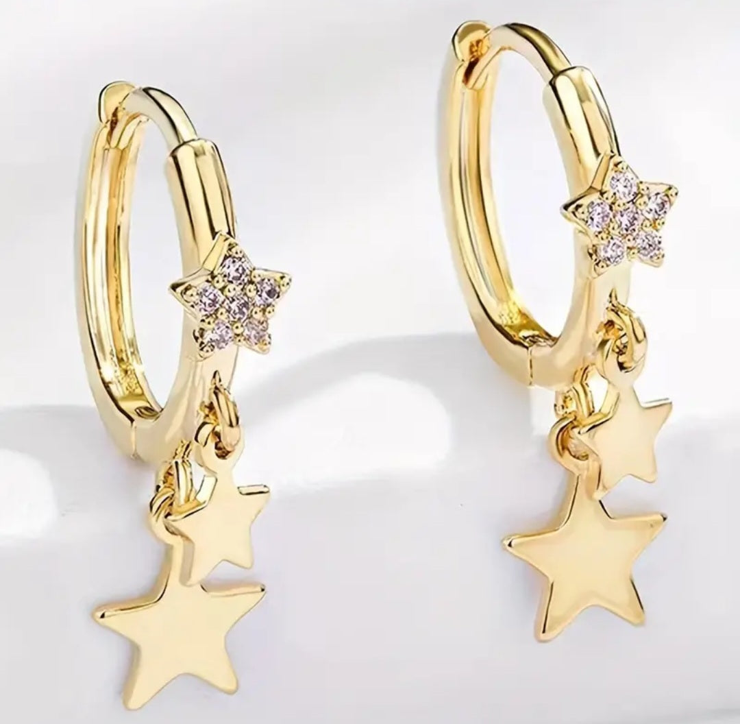 Copper Filled Gold Plated Zircon Inlay Star Design Small Hoop Huggie Style Charm Dangle Earrings