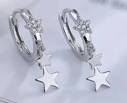 Copper Filled Silver Plated Zircon Inlay Star Design Small Hoop Huggie Style Charm Dangle Earrings