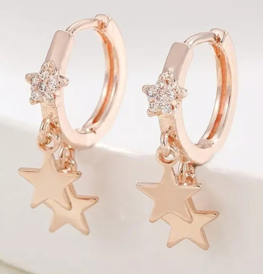 Copper Filled Rose Gold Plated Zircon Inlay Star Design Small Hoop Huggie Style Charm Dangle Earrings